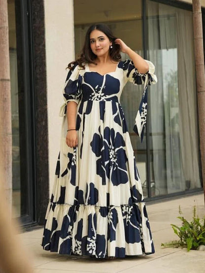 Rajwada White & Blue Cotton Blend Digital Printed Stitched Gown For Women