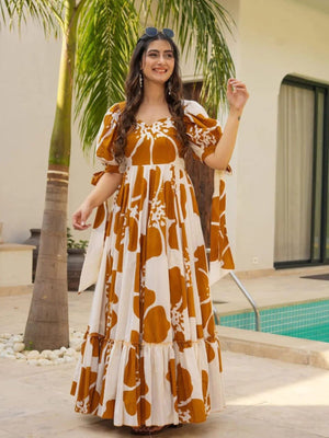 Rajwada White & Mustard Cotton Blend Digital Printed Stitched Gown For Women
