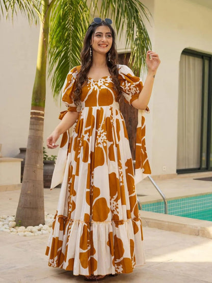 Rajwada White & Mustard Cotton Blend Digital Printed Stitched Gown For Women