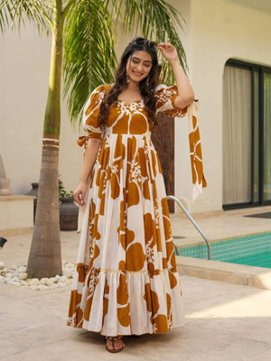 Rajwada White & Mustard Cotton Blend Digital Printed Stitched Gown For Women