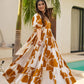 Rajwada White & Mustard Cotton Blend Digital Printed Stitched Gown For Women