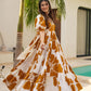 Rajwada White & Mustard Cotton Blend Digital Printed Stitched Gown For Women