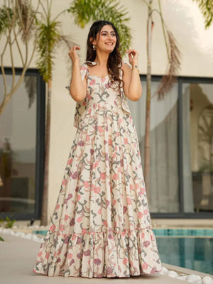 Rajwada White Cotton Blend Digital Floral Printed Stitched Gown For Women