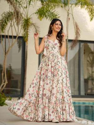 Rajwada White Cotton Blend Digital Floral Printed Stitched Gown For Women