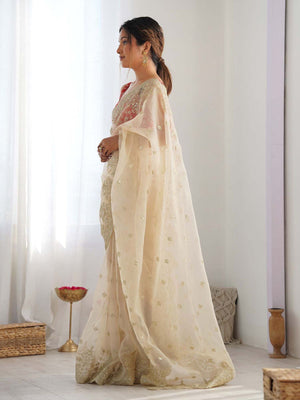 Rajwada Off White Organza Embroidered Saree For Women