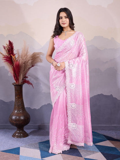 Rajwada Pink Organza Embroidered Saree For Women