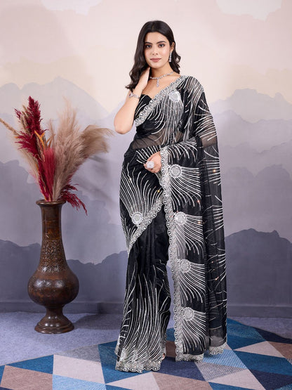 Rajwada Black Organza Embroidered Saree For Women
