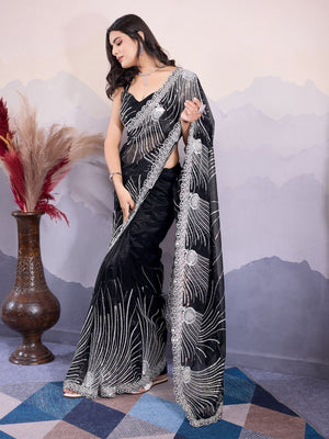 Rajwada Black Organza Embroidered Saree For Women
