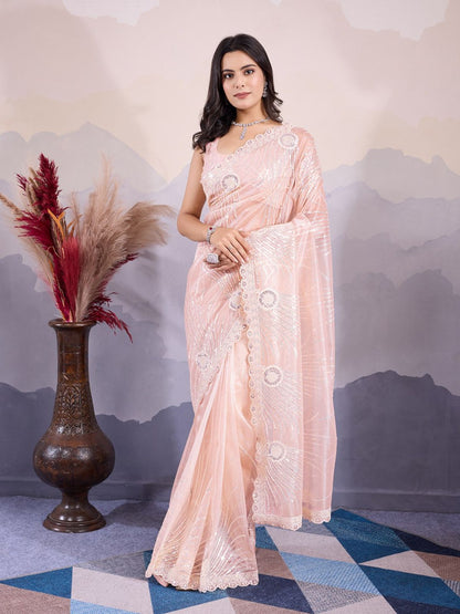 Rajwada Peach Organza Embroidered Saree For Women