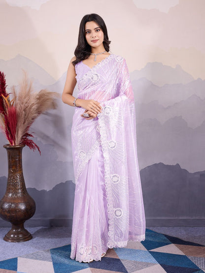 Rajwada Lavender Organza Embroidered Saree For Women