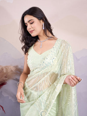 Rajwada Light Green Organza Embroidered Saree For Women