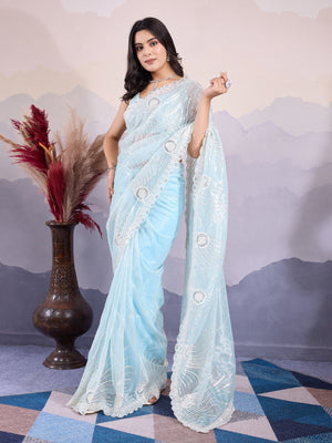 Rajwada Sky Blue Organza Embroidered Saree For Women