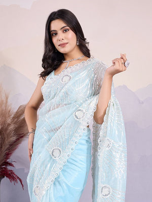 Rajwada Sky Blue Organza Embroidered Saree For Women