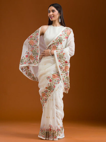 Rajwada Off White Silk Blend Embroidered Saree For Women