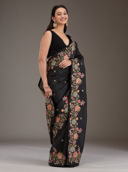 Rajwada Black Silk Blend Embroidered Saree For Women