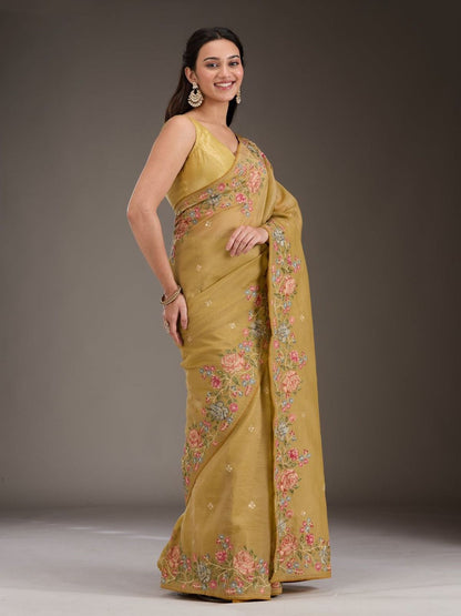Rajwada Mustard Silk Blend Crush Embroidered Saree For Women