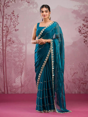 Rajwada Teal Blue Chiffon Embroidered Saree For Women