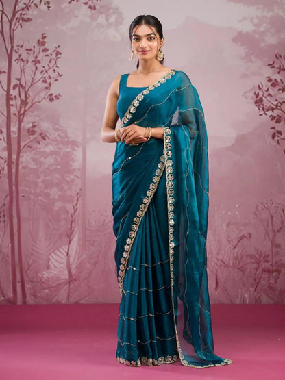 Rajwada Teal Blue Chiffon Embroidered Saree For Women