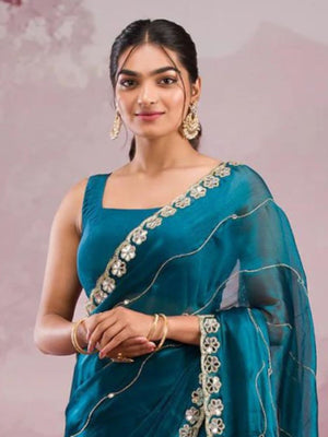 Rajwada Teal Blue Chiffon Embroidered Saree For Women