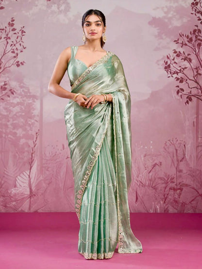 Rajwada Light Green Chiffon Embroidered Saree For Women