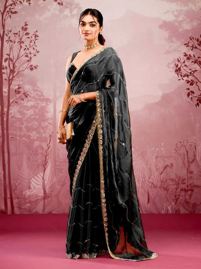 Rajwada Black Chiffon Embroidered Saree For Women