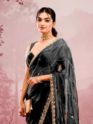 Rajwada Black Chiffon Embroidered Saree For Women