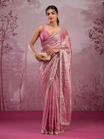 Rajwada Light Pink Chiffon Embroidered Saree For Women