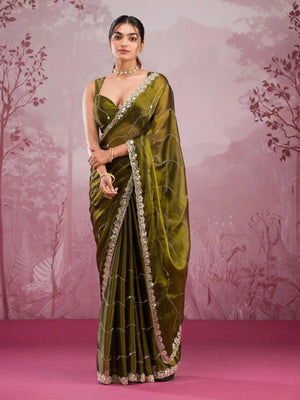 Rajwada Olive Chiffon Embroidered Saree For Women