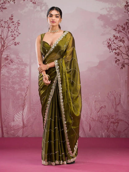Rajwada Olive Chiffon Embroidered Saree For Women