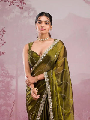 Rajwada Olive Chiffon Embroidered Saree For Women
