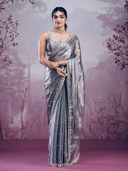 Rajwada Grey Chiffon Embroidered Saree For Women