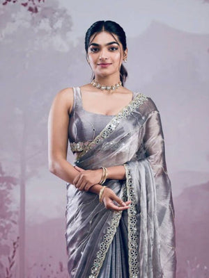 Rajwada Grey Chiffon Embroidered Saree For Women