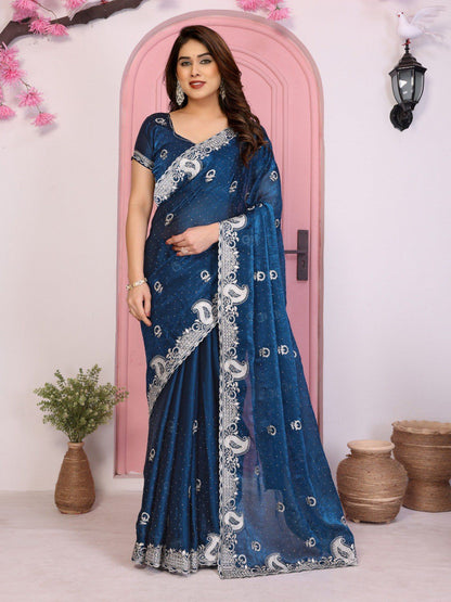 Rajwada Teal Chiffon Embroidered Saree For Women