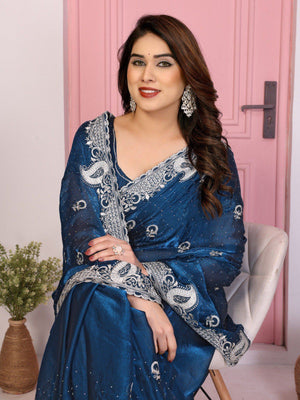 Rajwada Teal Chiffon Embroidered Saree For Women