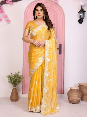 Rajwada Yellow Chiffon Embroidered Saree For Women