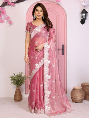 Rajwada Peach Chiffon Embroidered Saree For Women