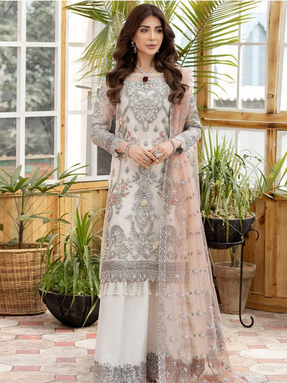 Rajwada Off White Soft Net Embellished Semi Stithed Kurta Set For Women
