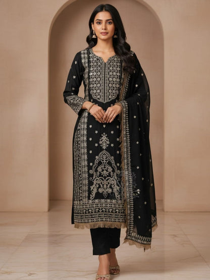 Rajwada Black Georgette Embroidered Semi Stithed Kurta Set For Women
