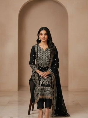 Rajwada Black Georgette Embroidered Semi Stithed Kurta Set For Women