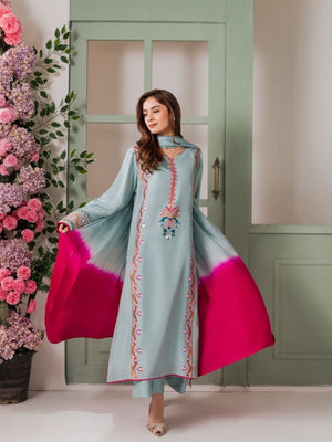 Rajwada Light Blue Silk Blend Embroidered Stitched Kurta Set For Women