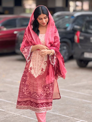 Rajwada Pink Cotton Embroidered Stitched Kurta Set For Women
