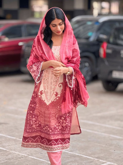 Rajwada Pink Cotton Embroidered Stitched Kurta Set For Women