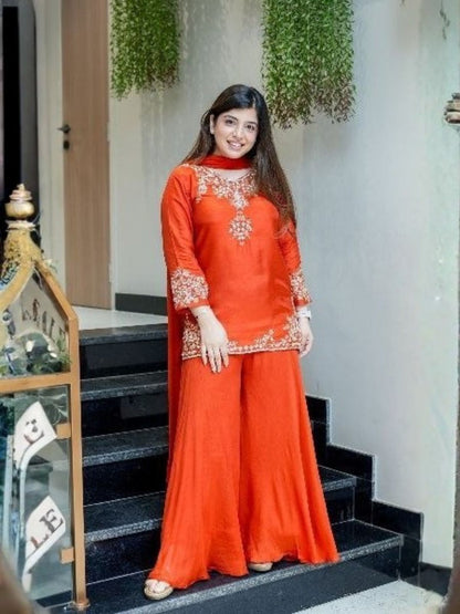 Rajwada Orange Silk Embroidered Stitched Kurta Set For Women