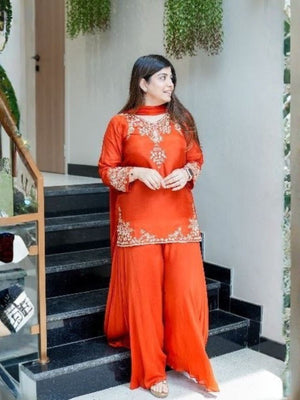 Rajwada Orange Silk Embroidered Stitched Kurta Set For Women
