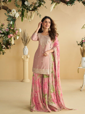 Rajwada Dusty Pink Silk Embroidered Stitched Kurta Set For Women