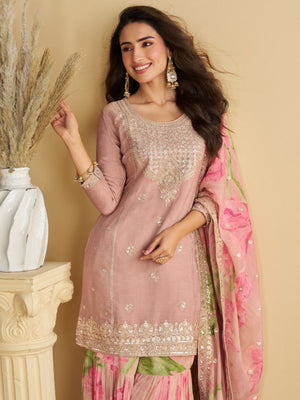 Rajwada Dusty Pink Silk Embroidered Stitched Kurta Set For Women