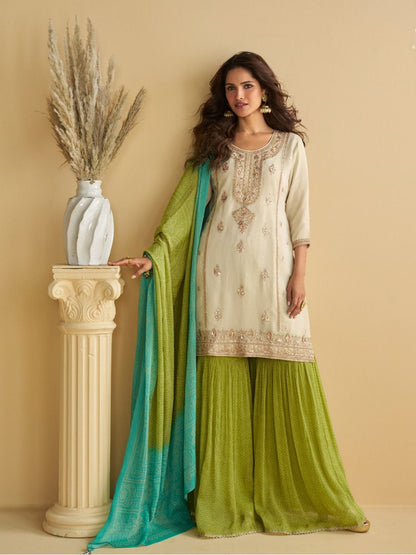 Rajwada Off White Silk Embroidered Stitched Kurta Set For Women