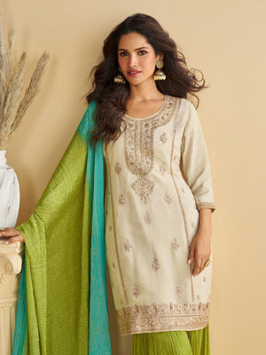 Rajwada Off White Silk Embroidered Stitched Kurta Set For Women