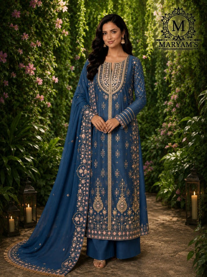 Rajwada Blue Georgette Embroidered Semi Stitched Kurta Set For Women