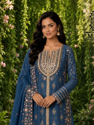 Rajwada Blue Georgette Embroidered Semi Stitched Kurta Set For Women